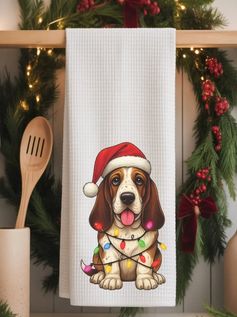 Basset Hound Christmas Lights Decorative Kitchen Tea Towel
